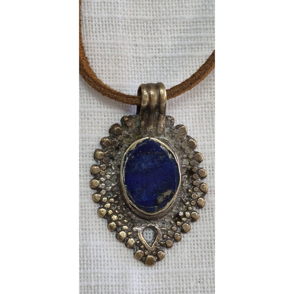 Antique Tribal-Style Blue Stone Pendant On Brown Leather Cord Necklace - Picture 2 of 14
